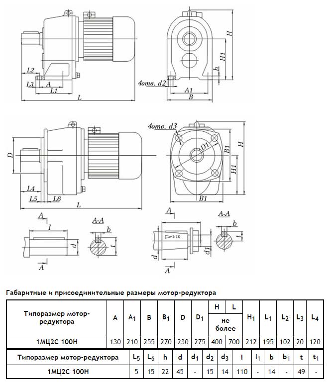 Схема габаритов редуктора 1МЦ2С 100Н