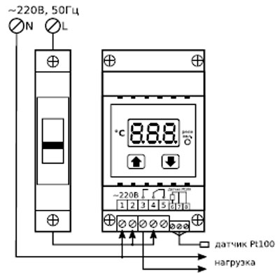 Рис.2. Электрическая схема подключения регулятора температуры РТУ-10-Д-Pt