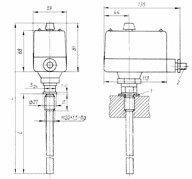 Рис.1 Схема габаритных размеров терморегулятора ТУДЭ-12М1